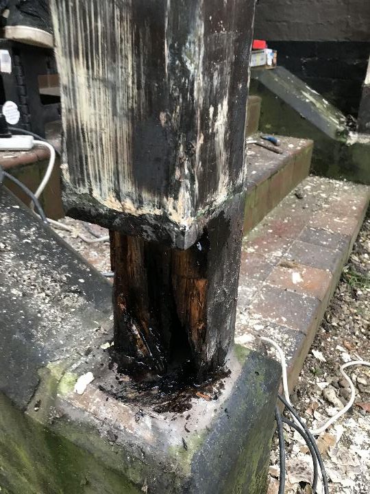 a large pitch pine support post,we removed it back to solid wood before bonding in a large section of hardwood with expoxy resin.