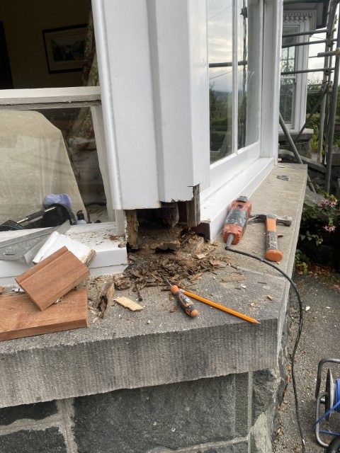A large bay window having all the rotten sections cut out.